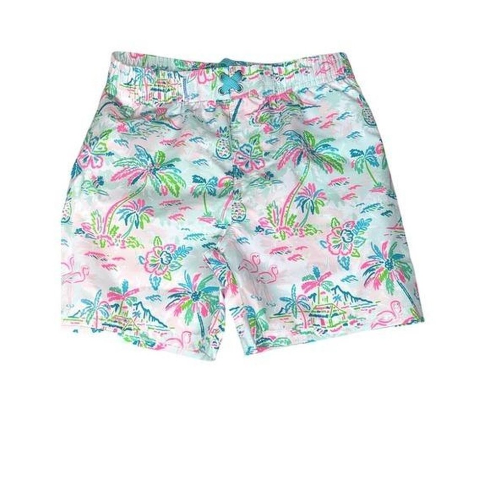 RuggedButts Floral Swim Shorts - White with Teal & Pink Accents boys size 7